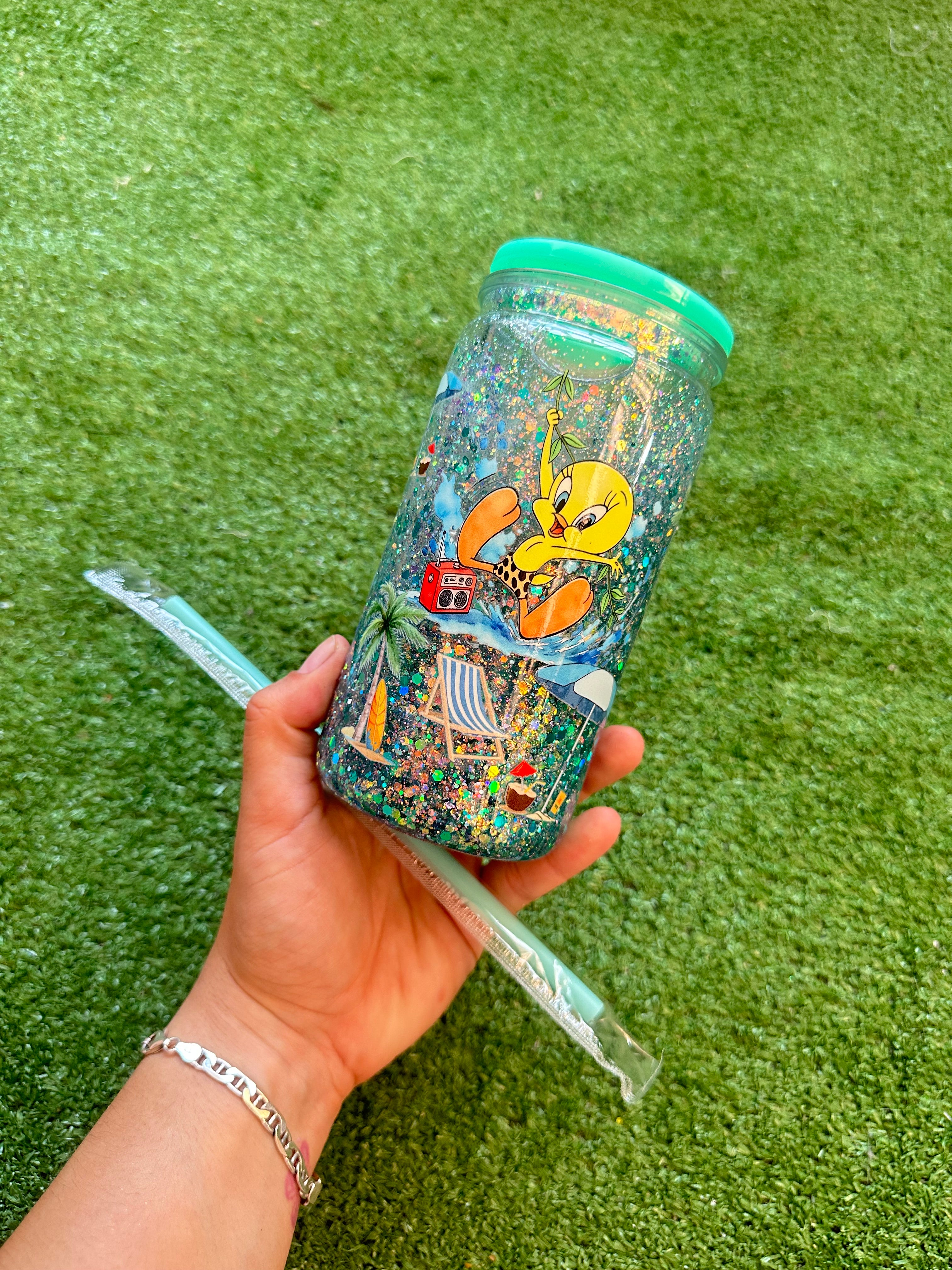Vaso shaker con tapa y cañita