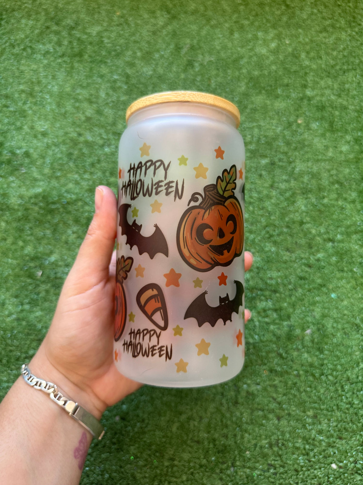 Vaso cristal con tapa y cañita halloween