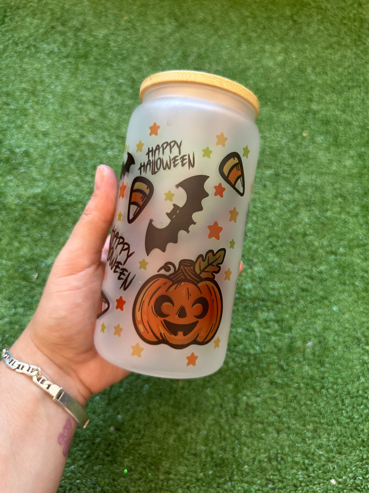 Vaso cristal con tapa y cañita halloween